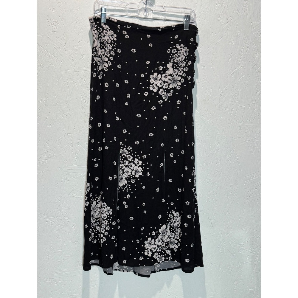 Free People Black White Floral Polka Dot Midi Skirt Side Button Slits Size 8